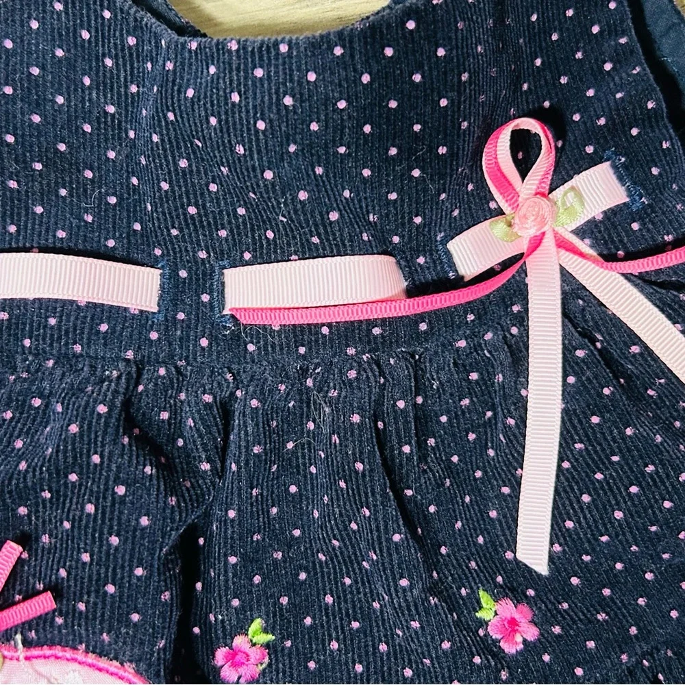 Rare Editions Navy Corduroy Dress with Pink Dots and Butterfly Accents- Size 12M - Picture 5 of 6